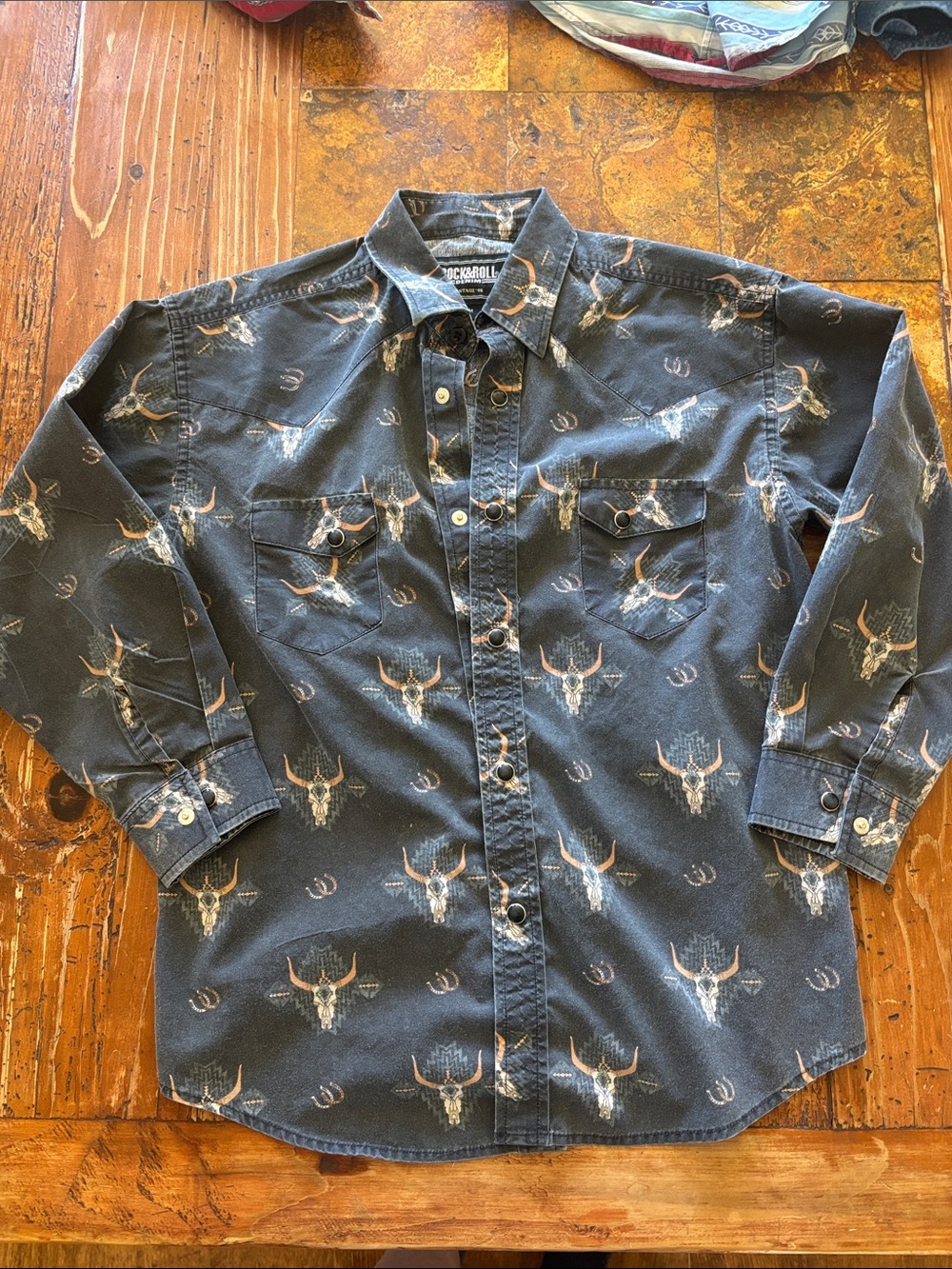 Boys Rock & Roll Denim Pearl snap Shirt with Skull Print